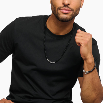 Collier Rebel Tête de Mort, Argent 925, Obsidiennes & Zircones Noires, 70 cm - KE1100-159-11 - Thomas Sabo